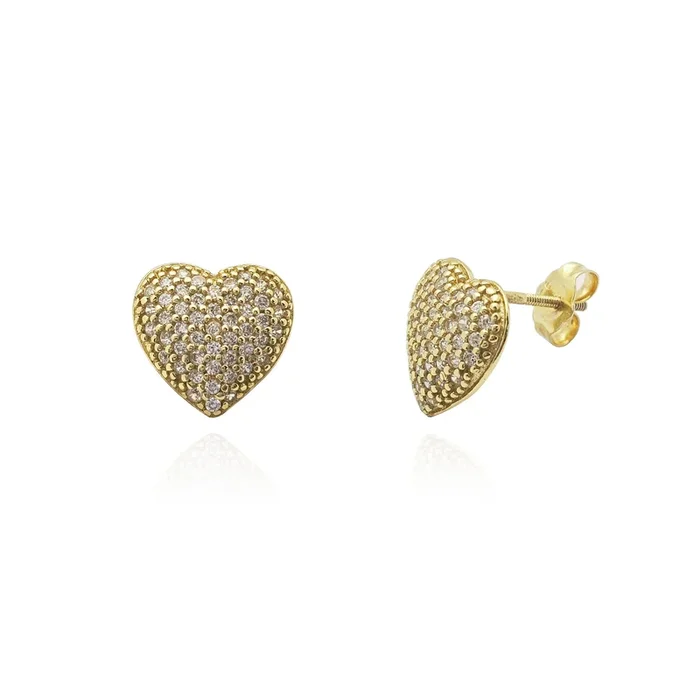 Puffy Pave Heart Stud Earrings (Silver)