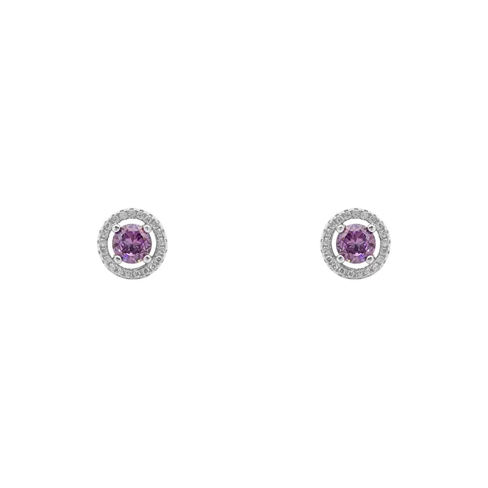 Purple Stone Round-Cut Halo Stud Earrings (Silver)