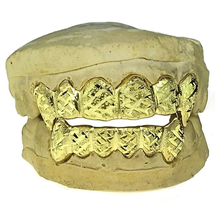 Real 10K Gold Dust Diamond-Cut Custom Vampire Teeth Fang Grillz