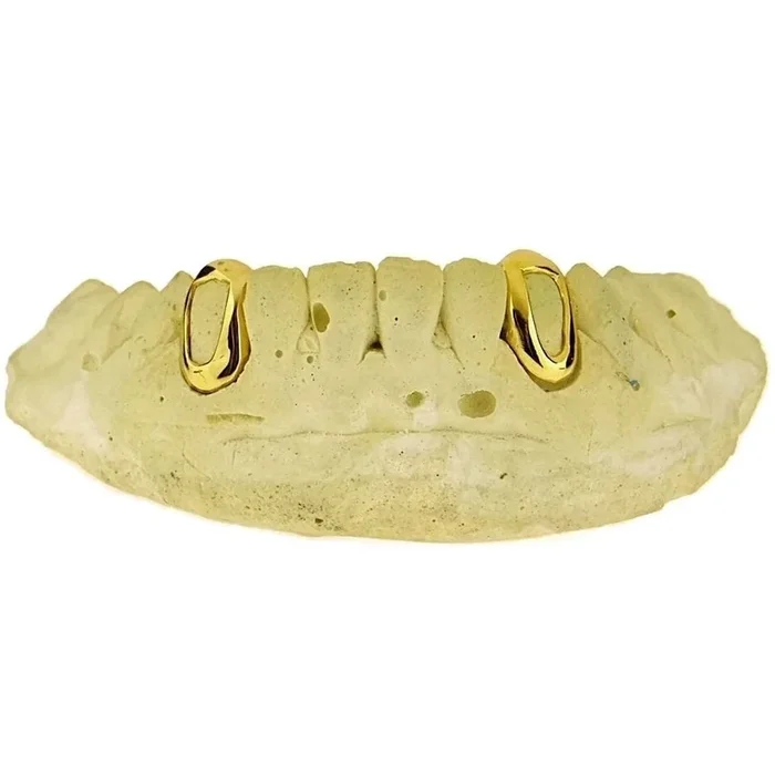 Real 10K Gold Open Face Canine Custom Caps Grillz w/Back Bar