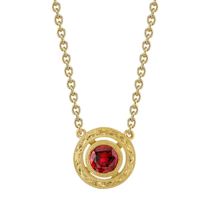 Red Spinel Yellow Gold Halo Engraved Handmade Bezel, Round Pendant Necklace
