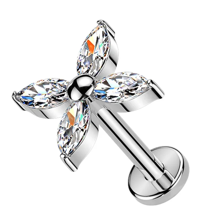 Retro Floral Clear CZ Titanium Threadless Labret