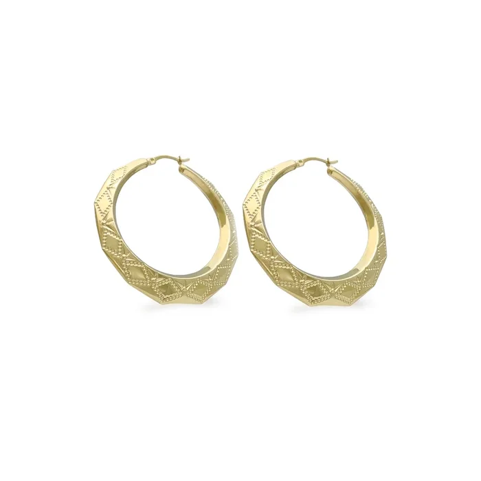 Rhombus Shaped Textured Hoops Earrings (14K)