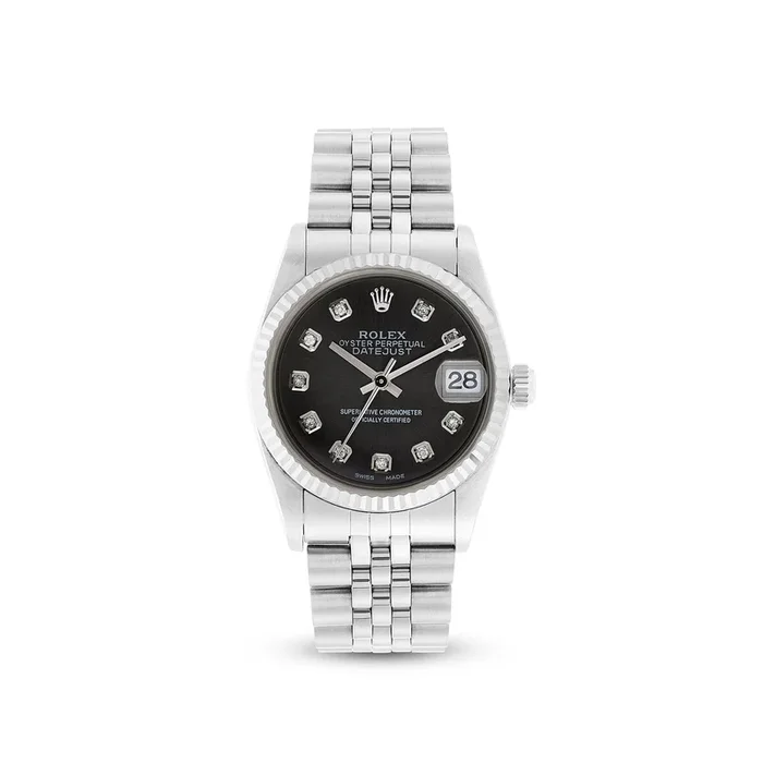 Rolex Datejust 31 mm Black Diamond Dot Dial White Gold Fluted Bezel Jubilee
