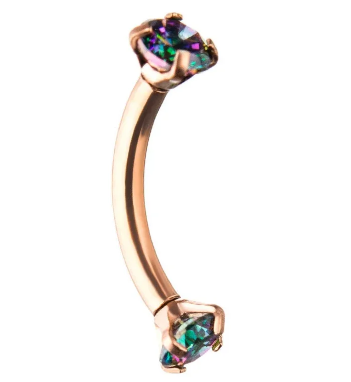 Rose Gold PVD Black Aurora CZ Prong Set Stainless Steel Curved Barbell