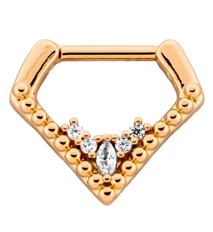 Rose Gold PVD Point Beaded Clear CZ Cluster Stainless Steel Hinged Segment Ring