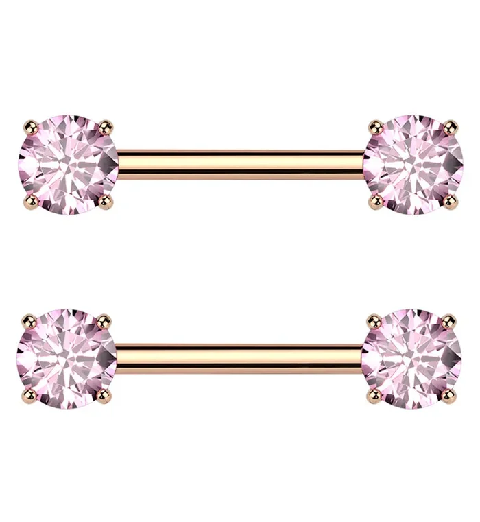 Rose Gold PVD Prong Pink CZ Threadless Titanium Nipple Barbells