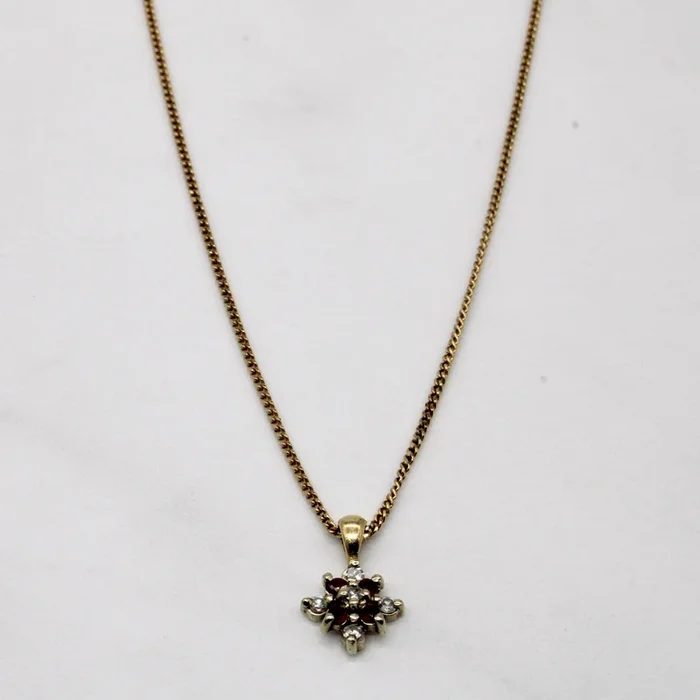 Ruby & Diamond Cluster Burst Necklace | 0.06ctw, 0.05ctw | 16″ |