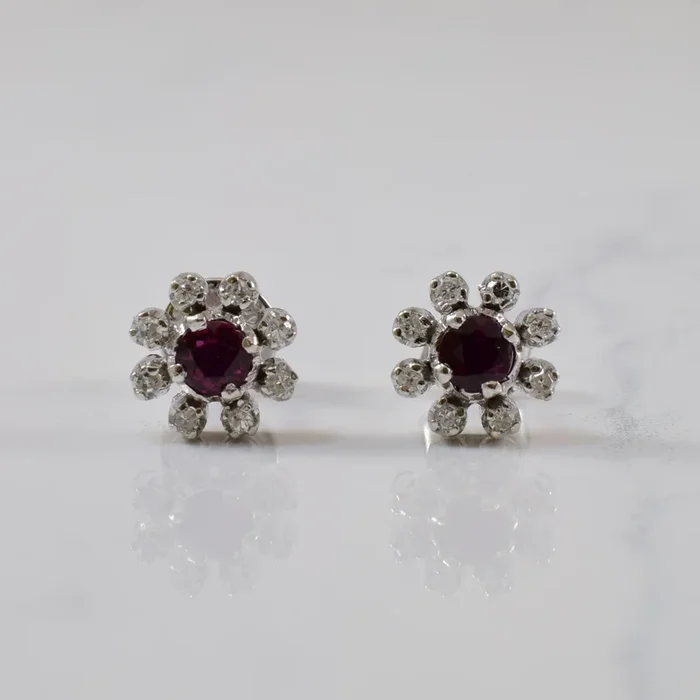 Ruby & Diamond Halo Stud Earrings | 0.50ctw, 0.12ctw |