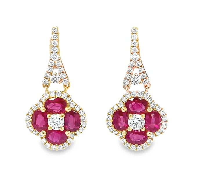 Ruby and Diamond Drop Earrings in 18k Yellow Gold, 2.83 Carats Total
