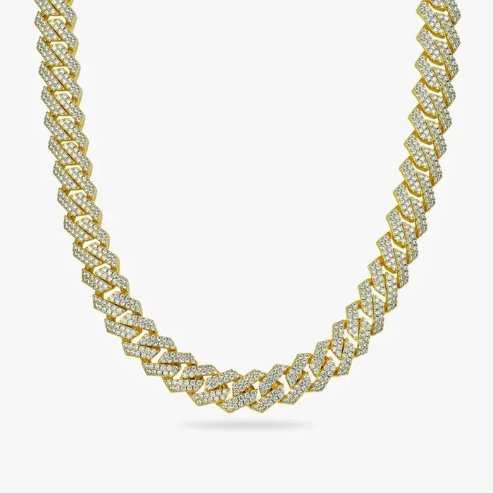 S925 Moissanite Diamond Prong Cuban Link Chain in 14K Gold – 14mm