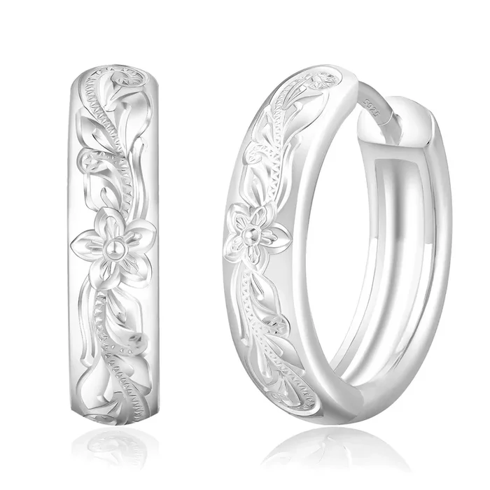 S925 Plumeria Tropical Hawaiian Flower Hoop Earrings in White Gold – 15mm