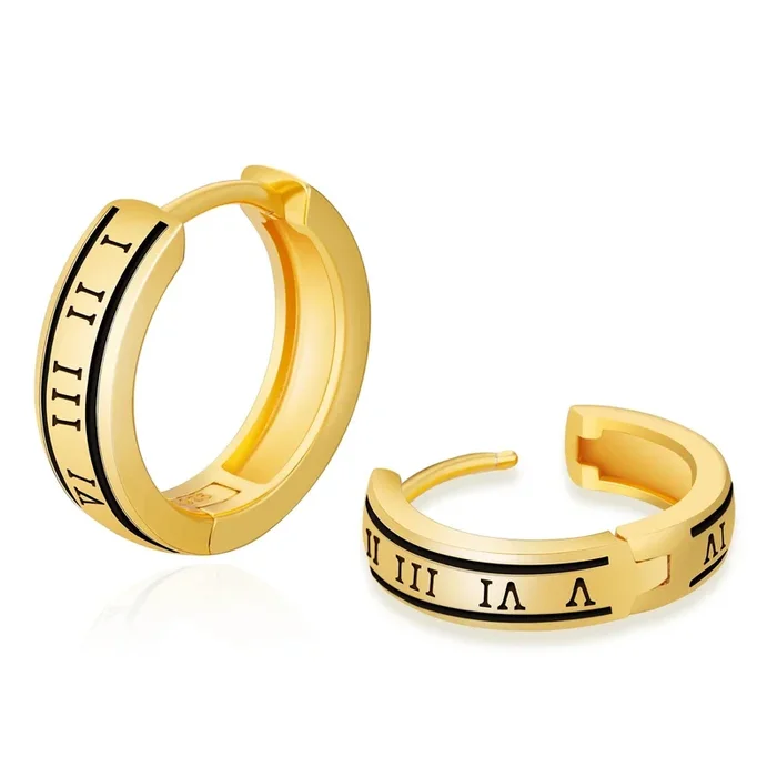 S925 Silver Black Roman Numerals Hoop Earrings in 14K Gold – 15mm