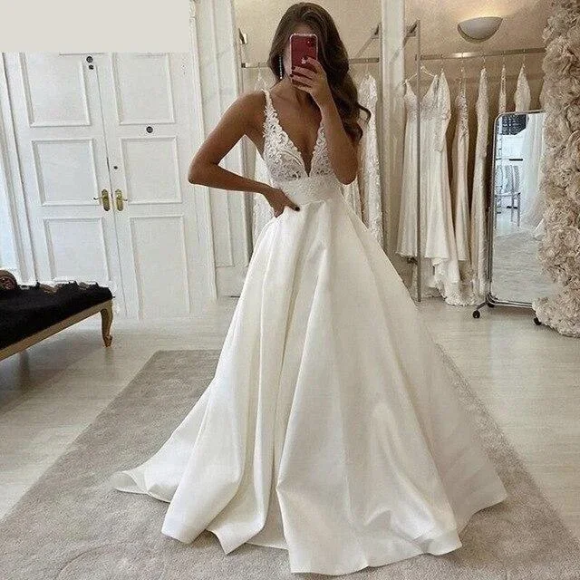 Sexy A-Line V-Neck Sleeveless Backless Satin Wedding Dresses