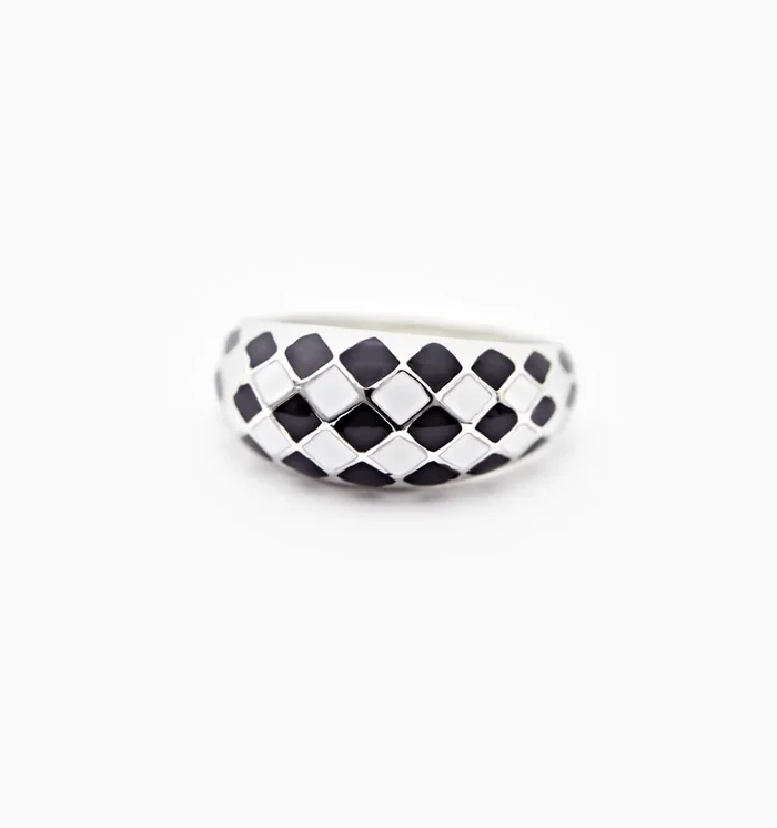 Silver Checker Ring – Black And White