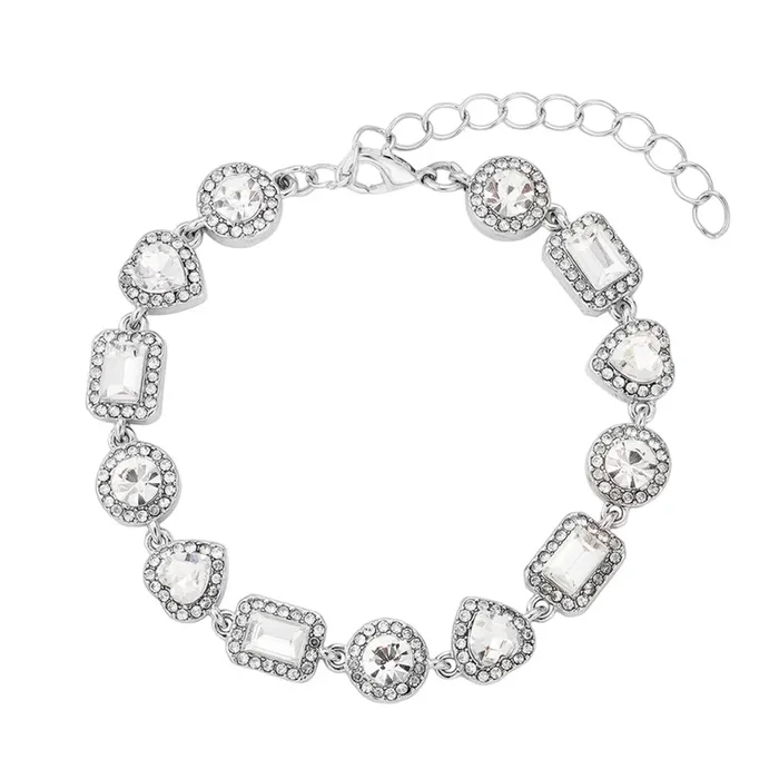 Silver Plated Crystal Halo Heart Chain Bracelet
