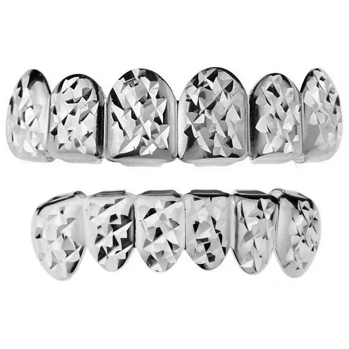 Silver Tone Diamond Cut Teeth Grillz Set
