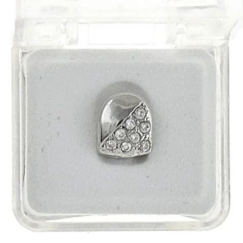 Silver Tone Iced CZ Half Stone Single Top Tooth Cap