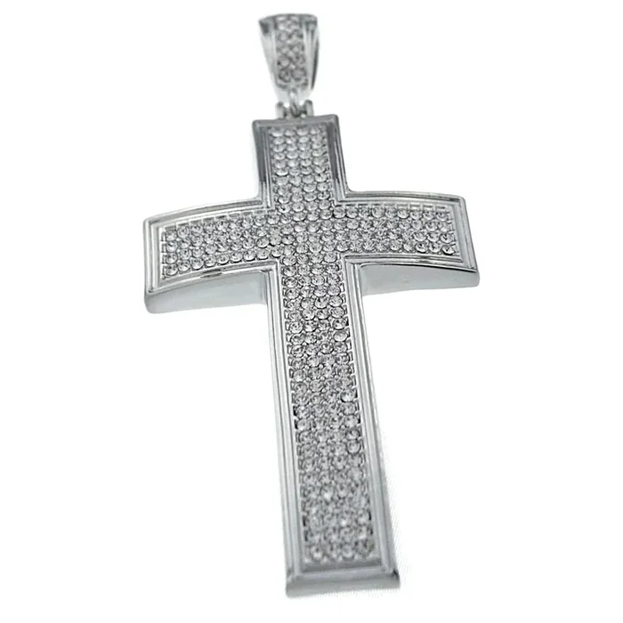 Silver Tone Iced Flooded Out Cross Micro Pave Pendant
