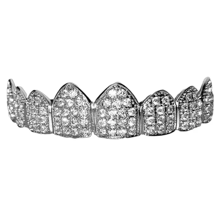 Silver Tone Top 8 Teeth Iced Flooded Out CZ Grillz