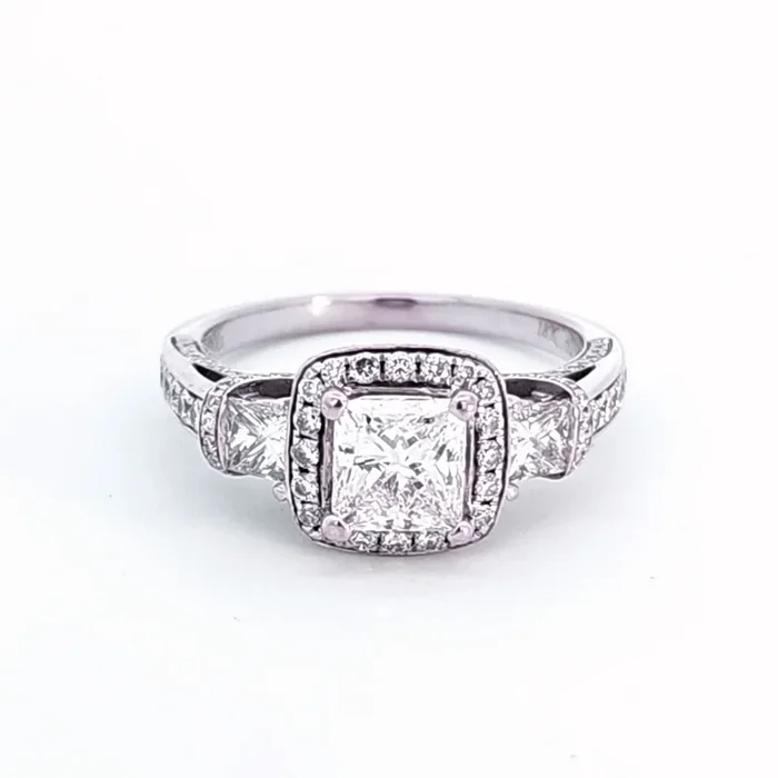 Simon G’ Three Stone Princess Diamond Gallery Ring | 1.84ctw | SZ 6.25 |