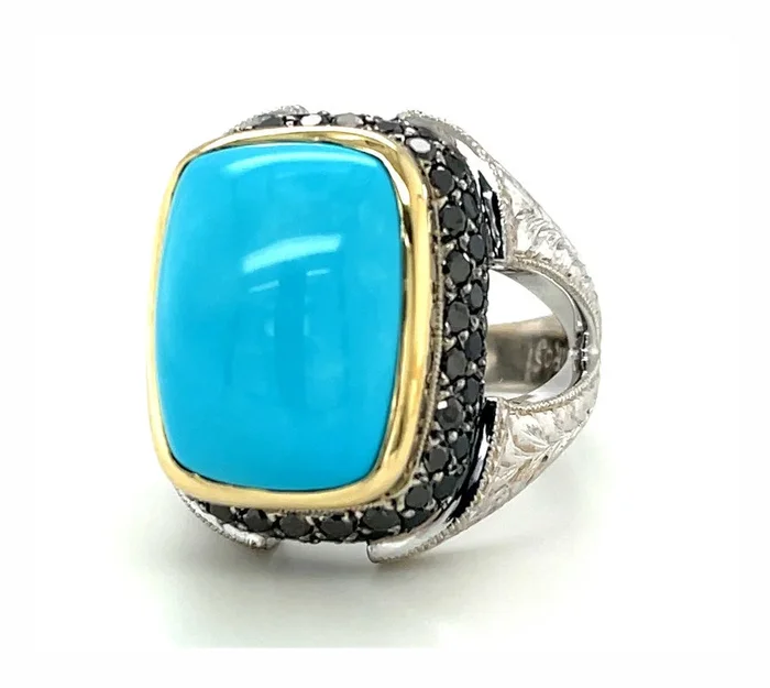 Sleeping Beauty Turquoise Ring 18k Gold with Natural Black Diamonds