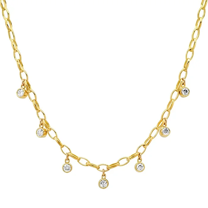 Small Edith Link Necklace with 7 Diamond Bezel Dangle