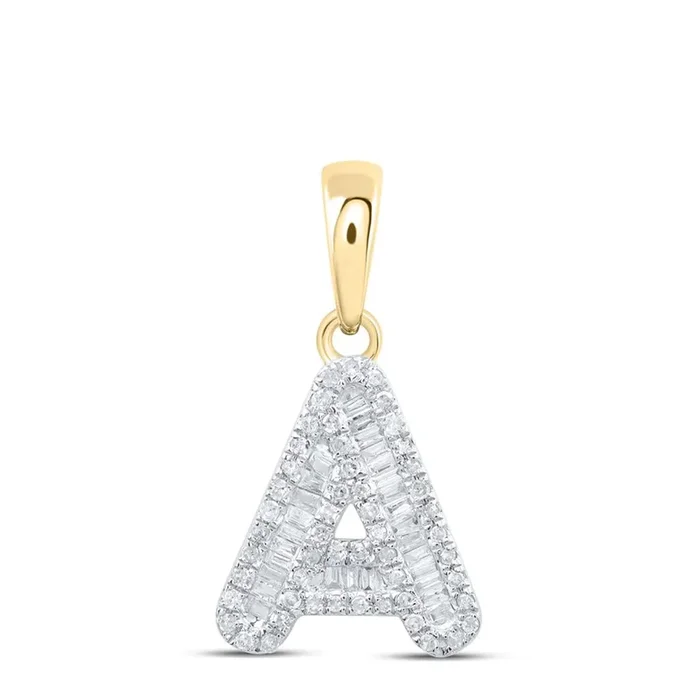 Small Initial Letter Baguette Diamond Pendant 10K Gold A-Z
