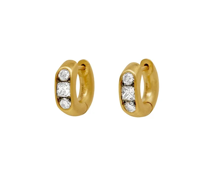 Small White Diamond Keystone Huggie Earrings