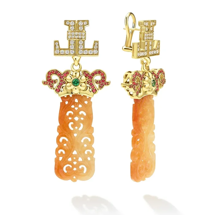 SML 18K Gold Ruby, Jade, and Emerald Panel Diamond Drop Earrings