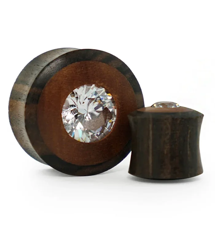 Sono – Saba Wood Plugs With Clear CZ Gem Inlay