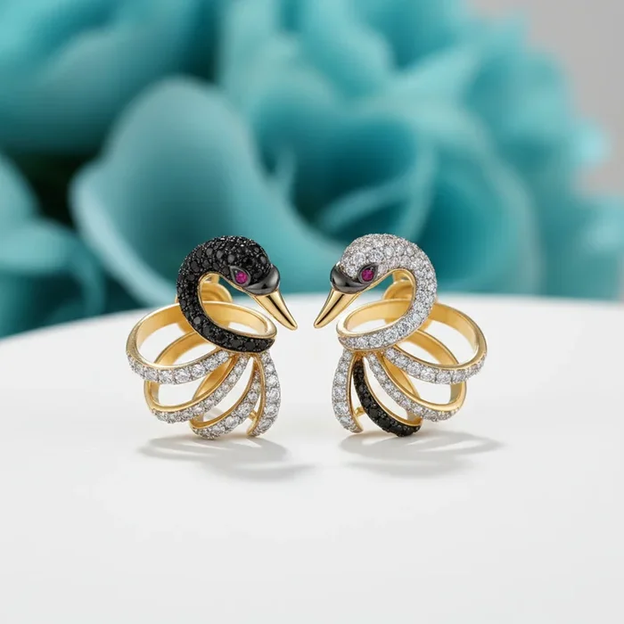 Sparkling White & Black Diamond OptionLovely Swan Stud Earrings