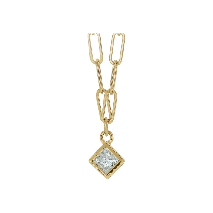 Square Diamond Bezel Solitaire Paperclip Necklace (14K)