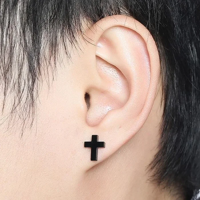 Stainless Steel Classic Black Cross Stud Earrings for Women and Men