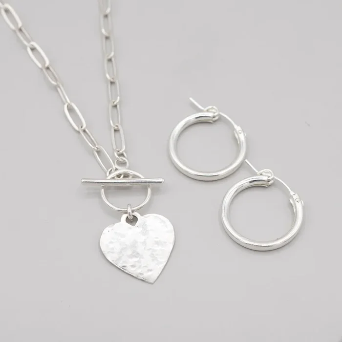 Sterling Silver Heart Toggle Necklace & Tube Hoop Set