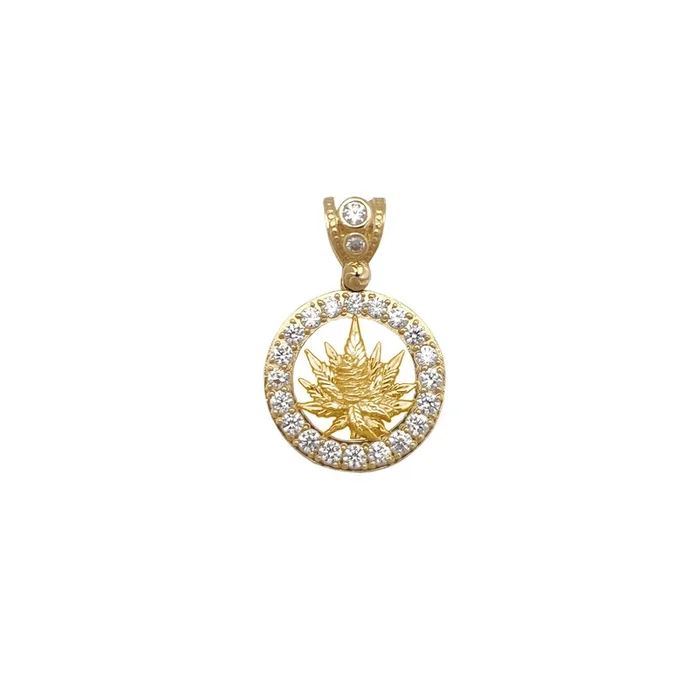 Stone-Set Round Framed Cannabis Leaf Pendant (10K)