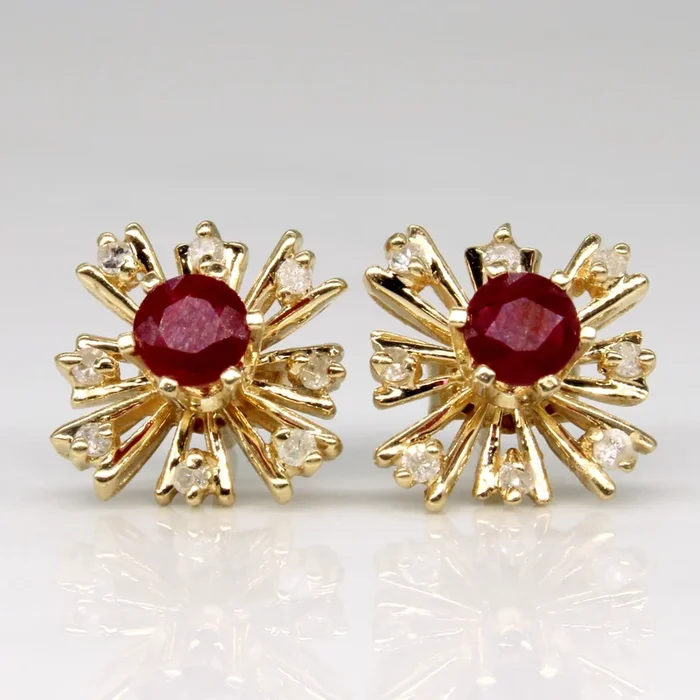 Synthetic Ruby & Diamond Stud & Jacket Earrings | 0.54ctw, 0.10ctw |
