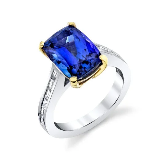 Tanzanite and Diamond Baguette Engagement Ring in 18k Gold, 5.35 Carats