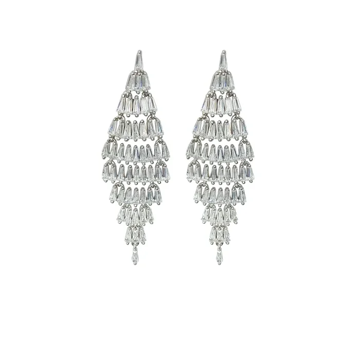 Tapered Baguette Curtain Drop Earrings (Silver)