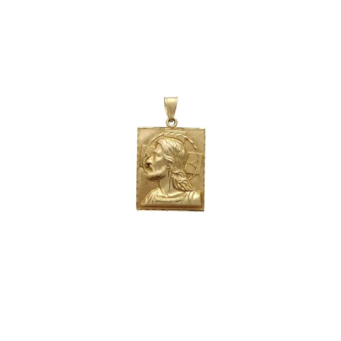 Textured Halo Jesus Head Square Pendant (14K)