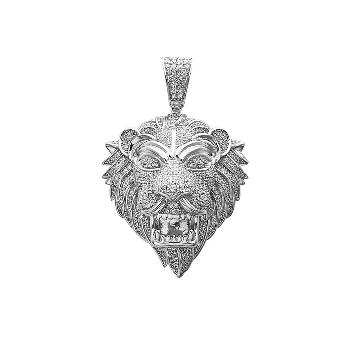 Textured Iced-Out Lion Head Pendant (Silver)