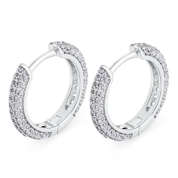 The Wealth Circle® – 925 Sterling Silver Iced Out Diamond Hoop Earrings in White Gold
