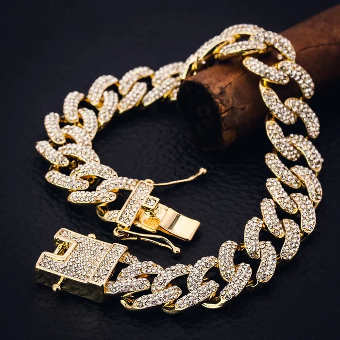 Thick Cuban Bracelet Link Fully Iced 14k Gold Plated 9″ Box Clasp