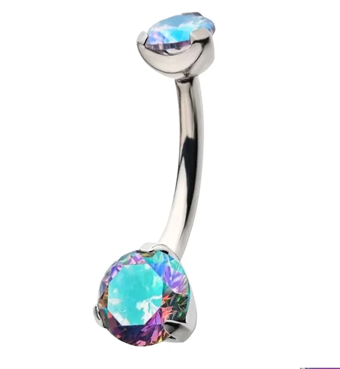 Three Prong Rainbow Aurora CZ Internally Threaded Belly Ring