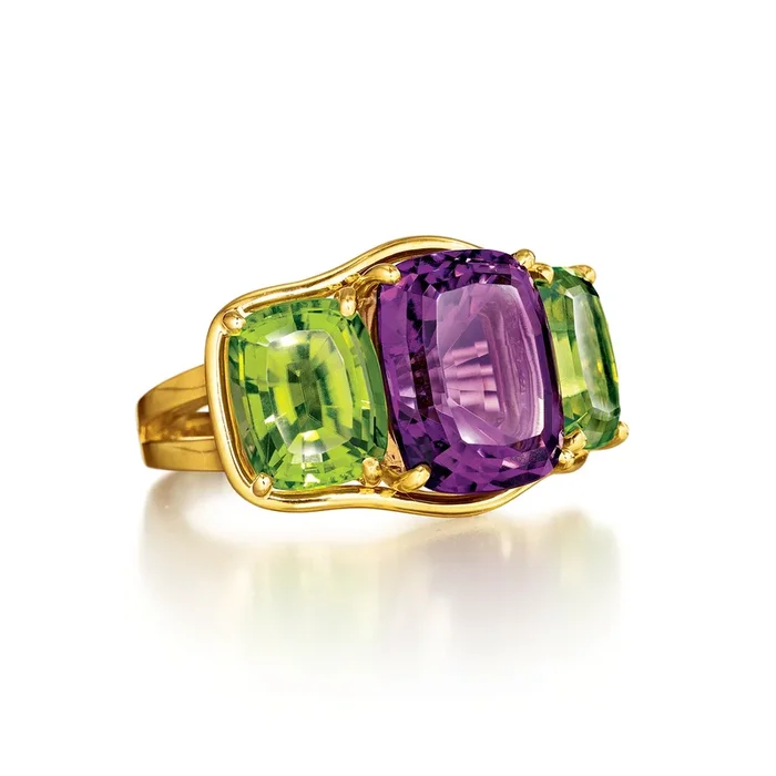 Three Stone Ring in Amethyst and Peridot