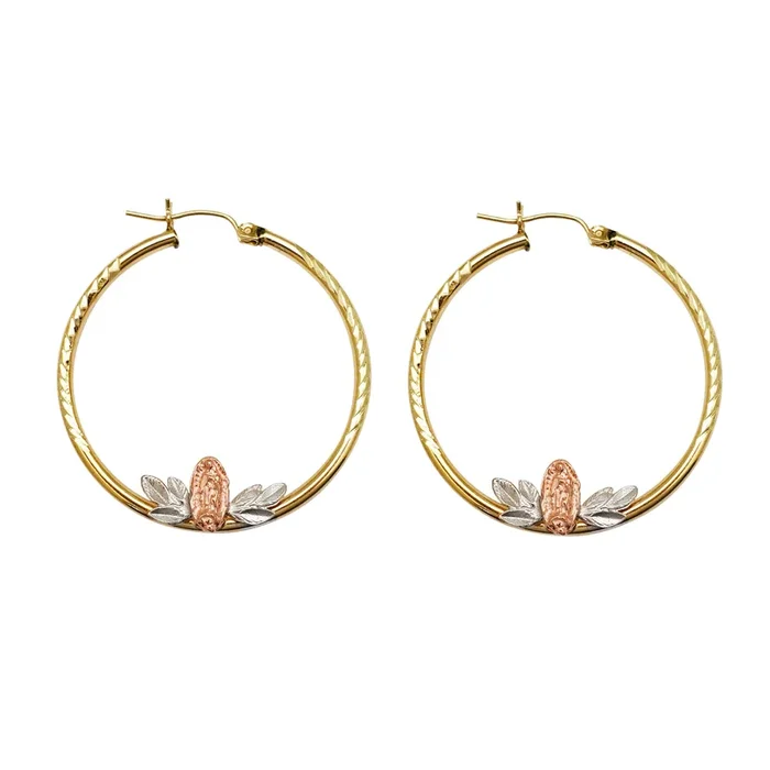 Tri-Color Virgin Mary Hoop Earrings (14K)