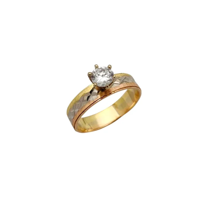 Tri-Tone Stellated Diamond-Cut CZ Engagement Ring (14K)
