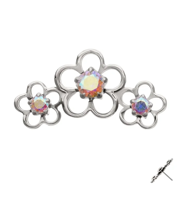 Triple Cherry Blossom Rainbow Aurora CZ Titanium Threadless Top