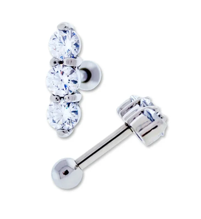 Triple CZ Steel Tragus – Cartilage Barbell
