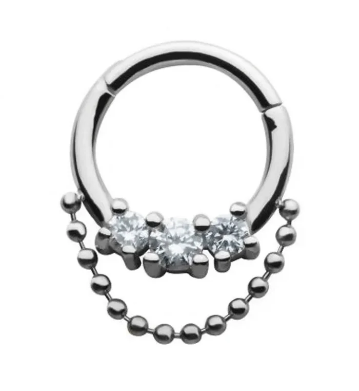 Triple Prong Set Clear CZ with Dangling Chain Hinged Segment Ring